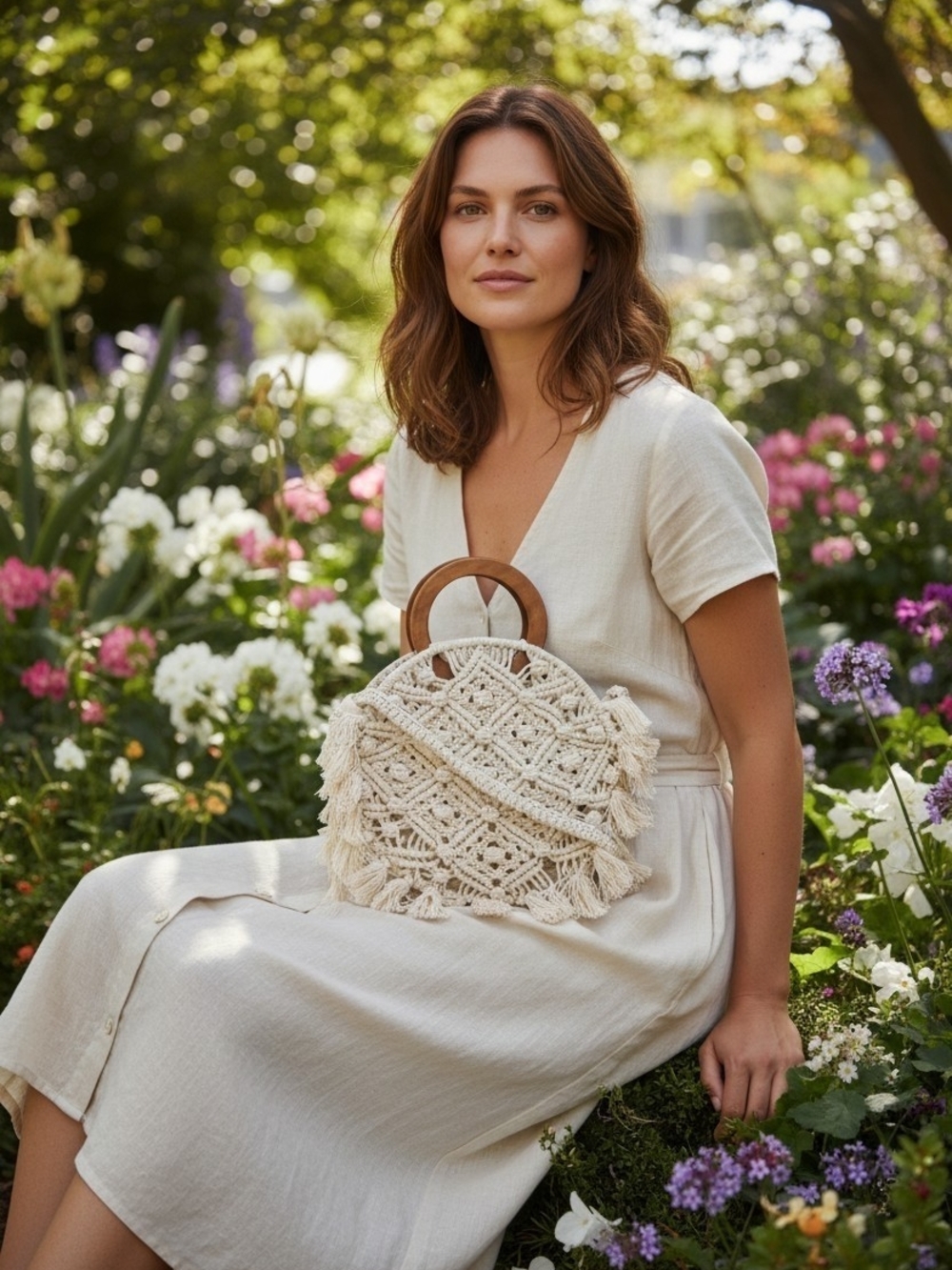 NEW Magid Bohemian Macrame Circle Bag with Wooden Handles & Shoulder Strap NWT - Picture 3 of 7